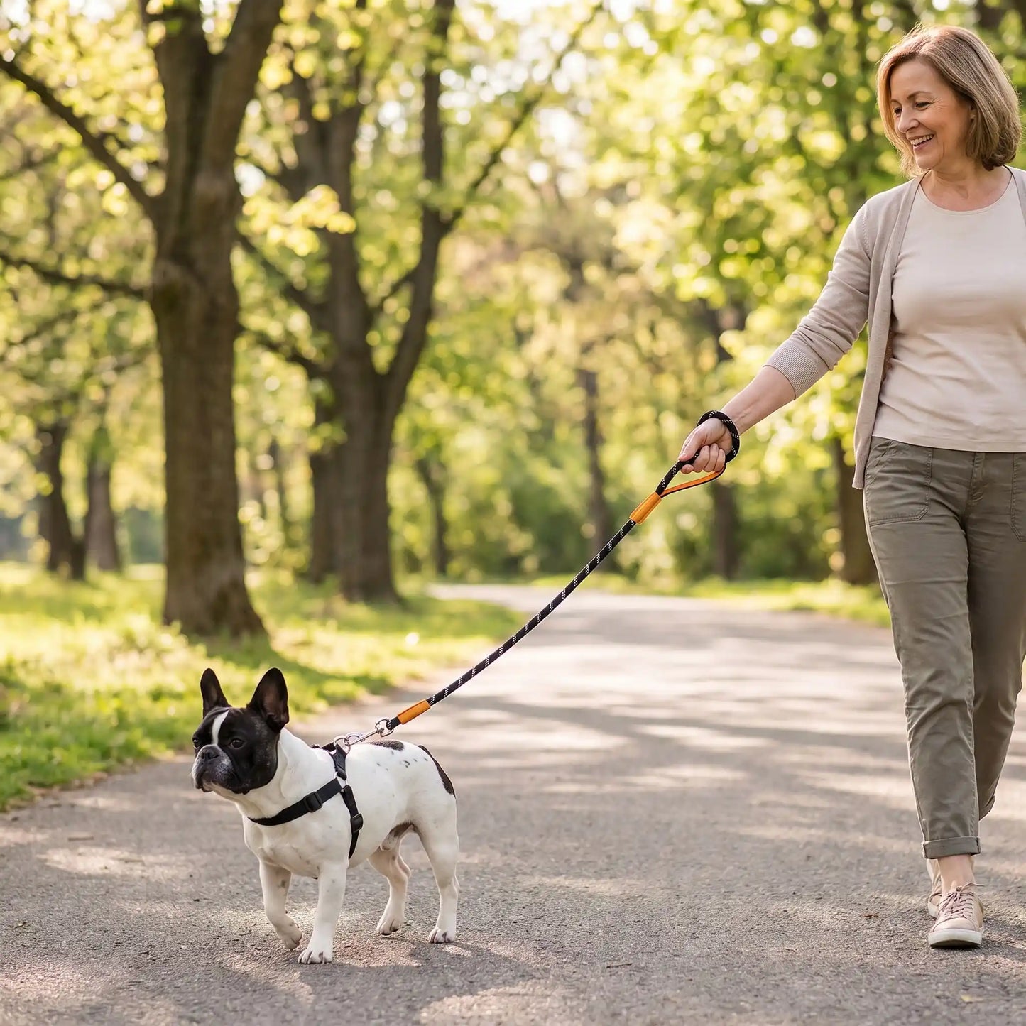 Femme mature qui promène son chien  avec une laisse tressée noir et blanc sur un sentier entouré d'arbres.