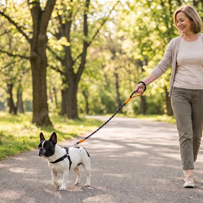 Femme mature qui promène son chien  avec une laisse tressée noir et blanc sur un sentier entouré d'arbres.