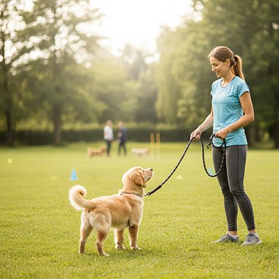 Femme au parc avec son chien attaché avec une longe pour chien noire