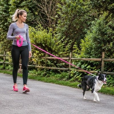 Femme marche avec son chien en Longe pour Chien rose