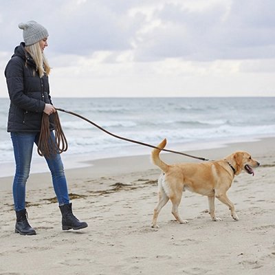 Femme marche sur la plage avec son chien en Longe pour Chien marron