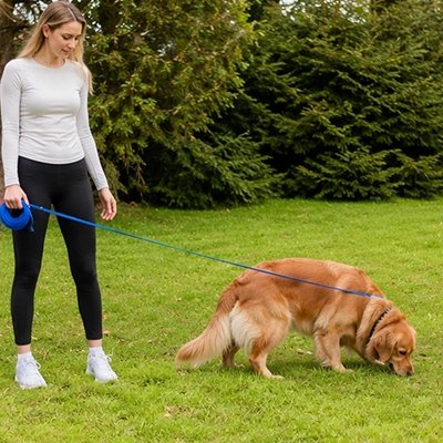 Femme promène son chien avec Longe pour Chien bleu