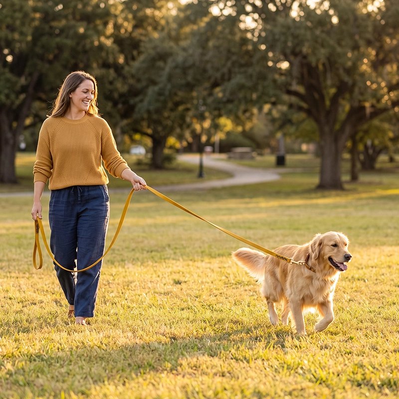 Femme promène son chien avec Longe pour Chien jaune