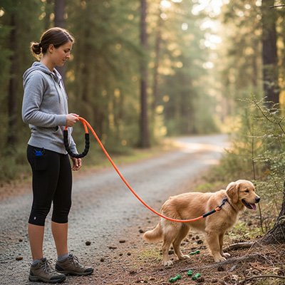 Femme qui promène son chen avec une longe pour chien orange