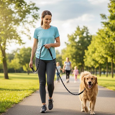 Femme qui promène son chien avec une longe pour chien noire