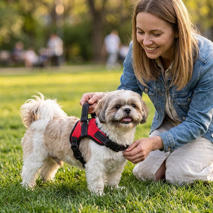Femme tiens son chien avec poignée sur Harnais chien