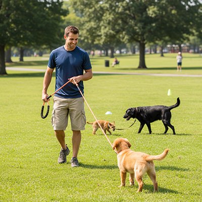 Homme avec son chien attaché à une longe pour chien orange
