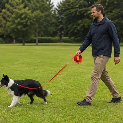 Homme marche avec son chien et une Longe pour Chien rouge