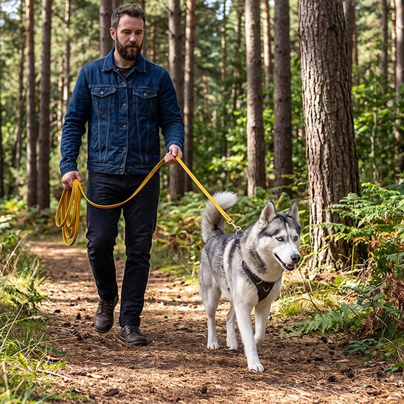 Homme promène son chien avec longe pour Chien jaune