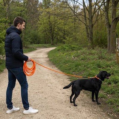 Homme promène son chien avec une Longe pour Chien orange