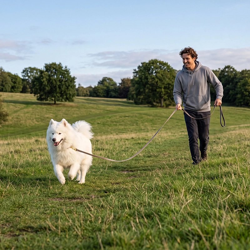 Homme qui promène son chie avec une Longe pour Chien Marron