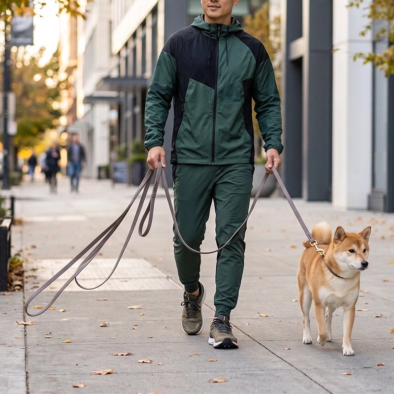 Homme qui promène son chien avec une Longe pour Chien