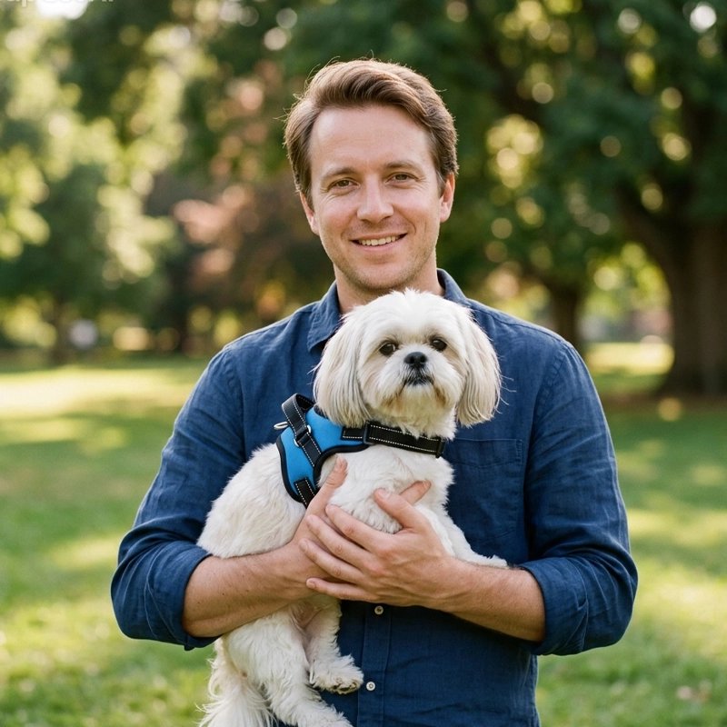 Homme tiens son chien dans ces bras en Harnais chien bleu